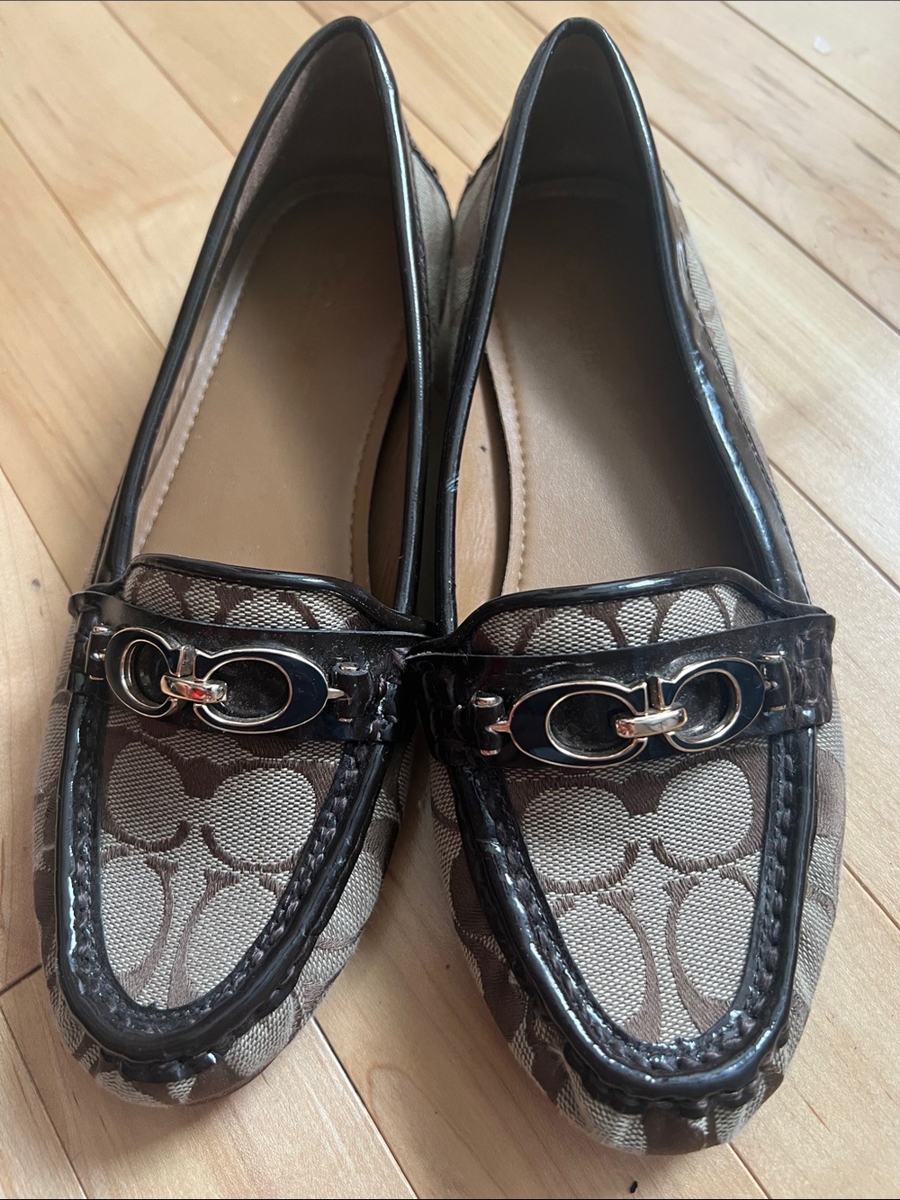 Coach Beige and Brown Signature Canvas Loafers with Gold Hardware - Picture 2 of 7